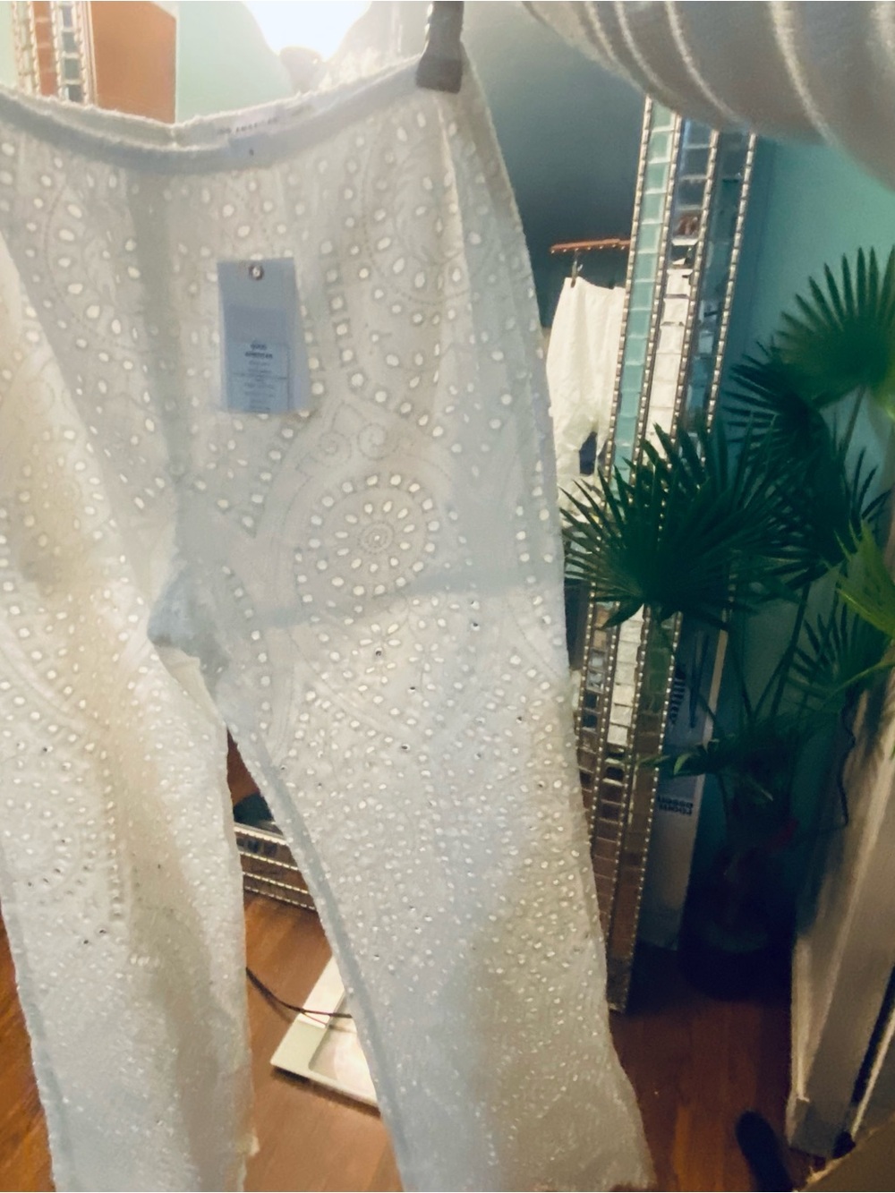Good American White Eyelet Wide-Leg Pants